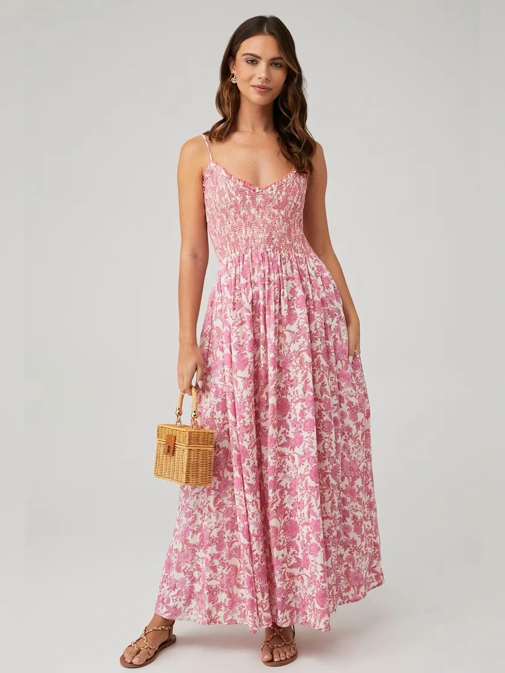 Free People Sweet Nothings Midi / Maxi Dress in Pink Floral - L